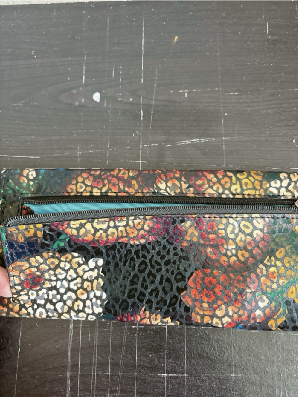 Hobo The Original Leather Trifold Wallet Floral Leopard Print Teal Lining EUC - Picture 5 of 8